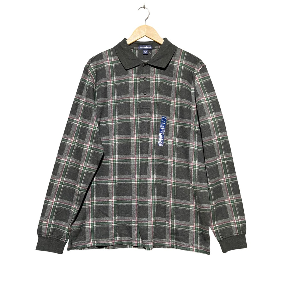 Lands End Mens Long Sleeve Plaid Polo Shirt Gray Green Cotton NWT L 42-44 Winter